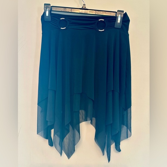 Vintage NWT Black Asymmetrical Midi Skirt w/ Rhinestone Rings Small - Picture 1 of 7